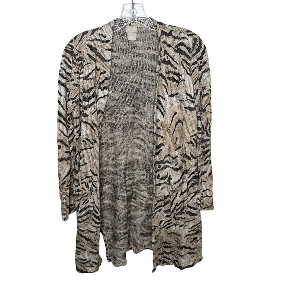 Chico’s Women’s 0 Small Open‎ Front Zebra Animal Print Cardigan Sweater Neutral